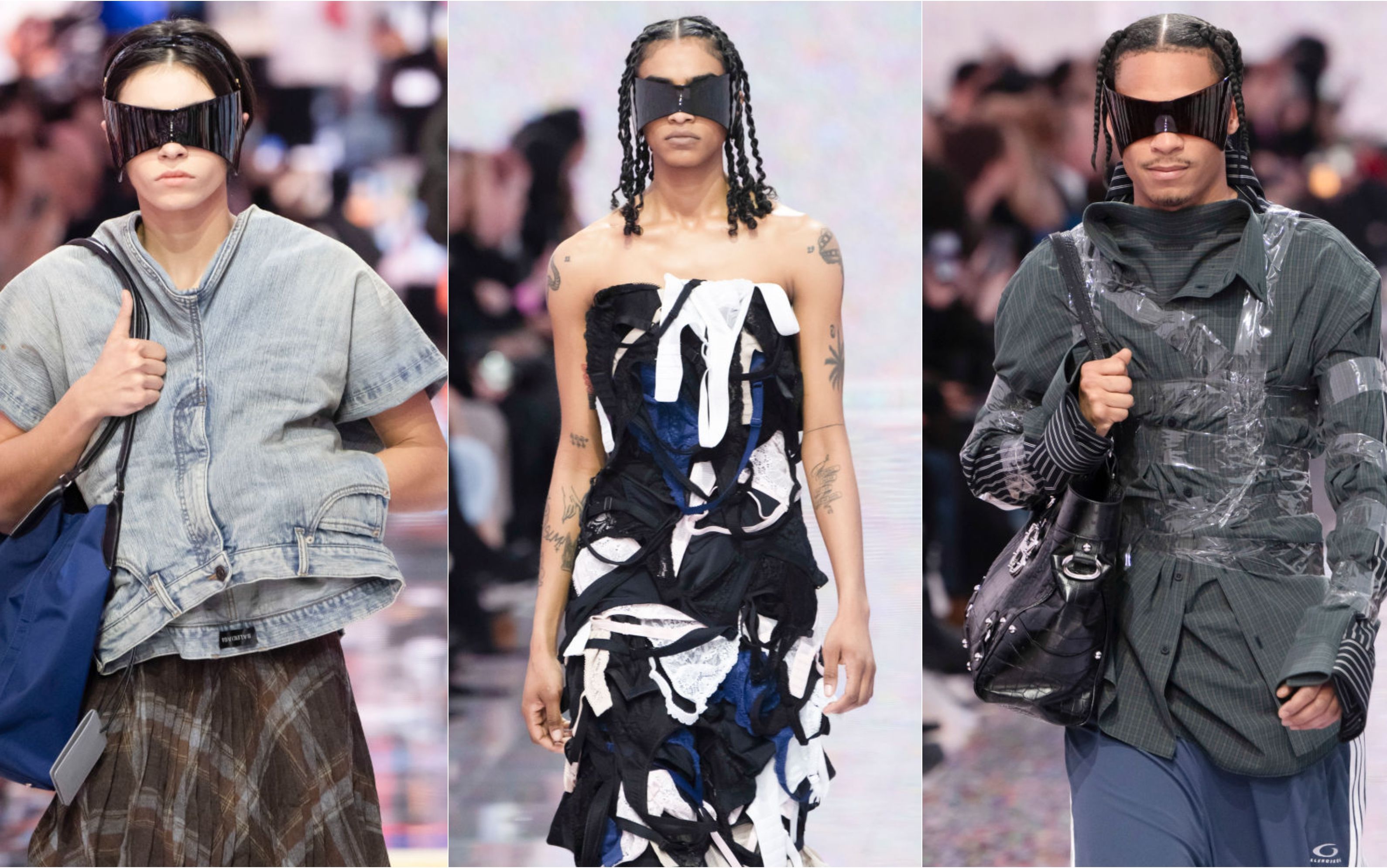 Show-ul Balenciaga la Paris Fashion Week: modele lipite cu scotch, rochie din sutiene și blugi pe post de bluză